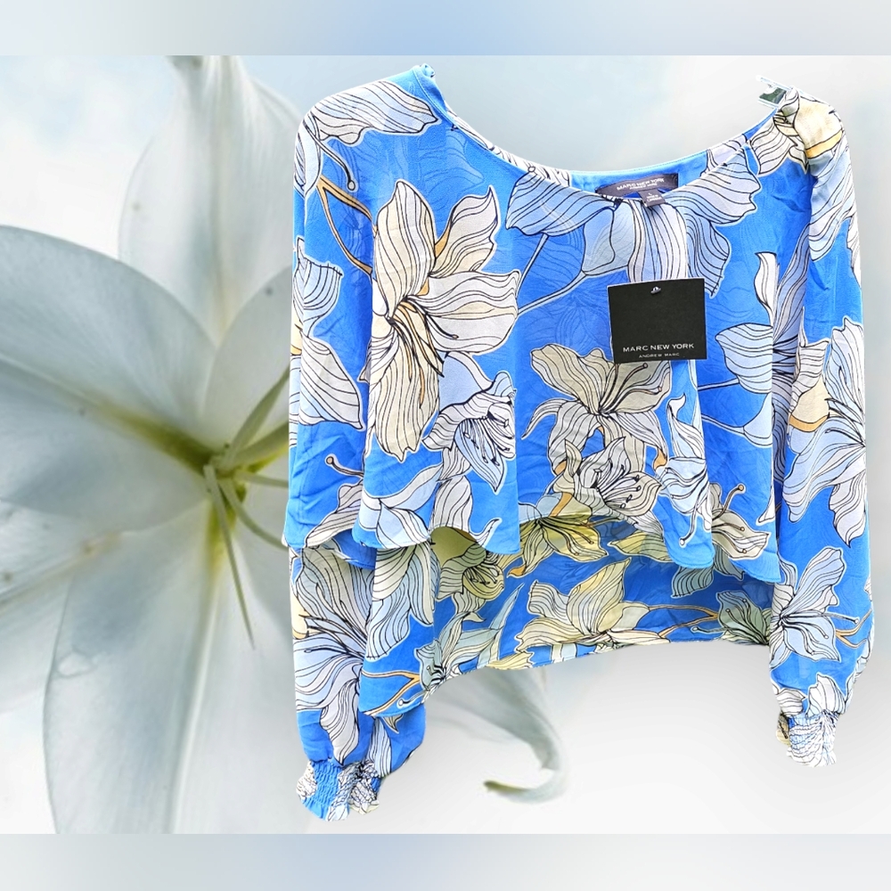 Marc New York Andrew Marc NWT Flowy Layered Blue Periwinkle Floral Blouse